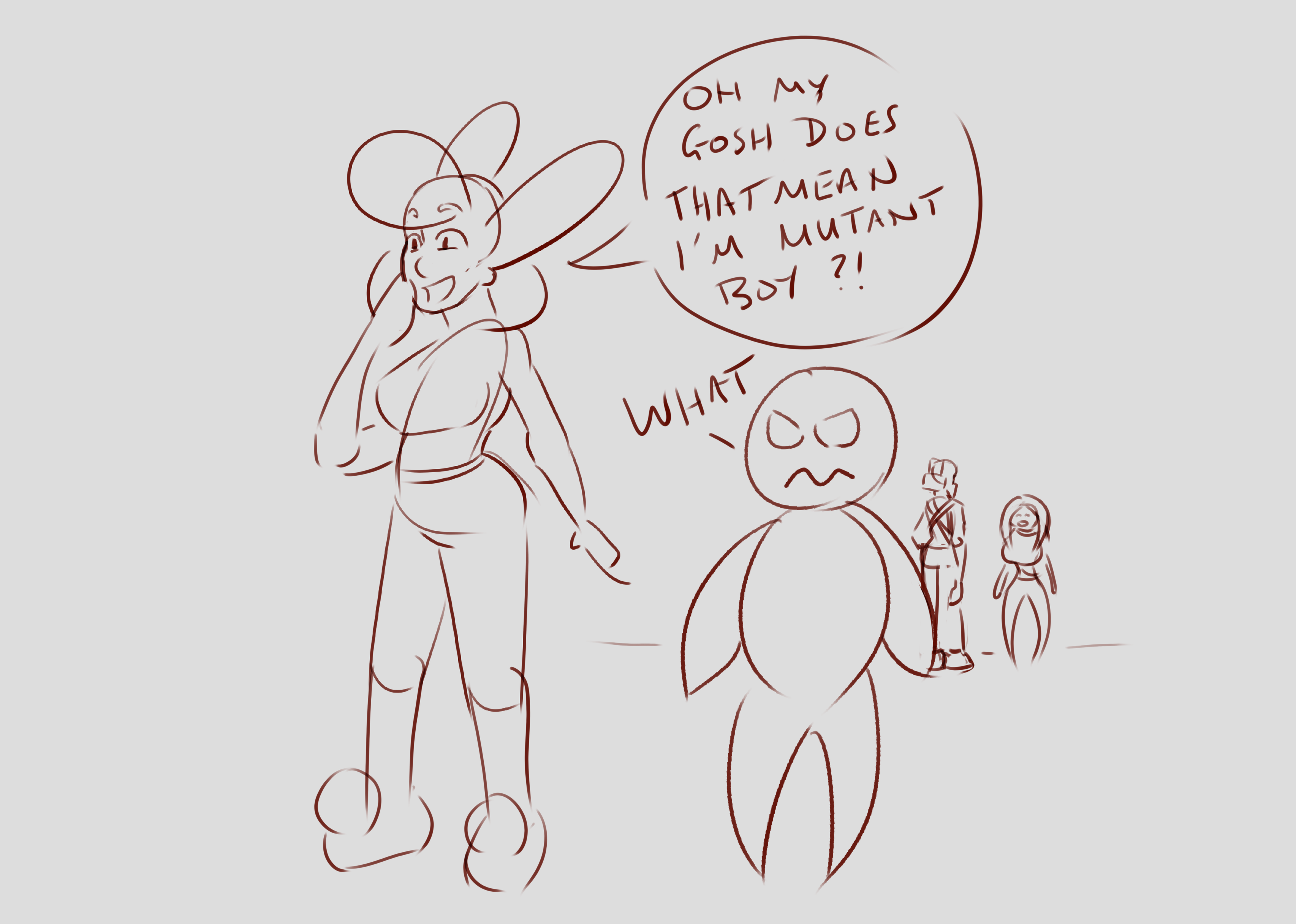 Digital sketch. Boom, standing next to Mutant Boy, exclaims "Oh my gosh does that mean I'm Mutant Boy?". Mutant Boy replies "what". In the background, Thud is looking at Mutant Girl, a much better shape match for Boom.